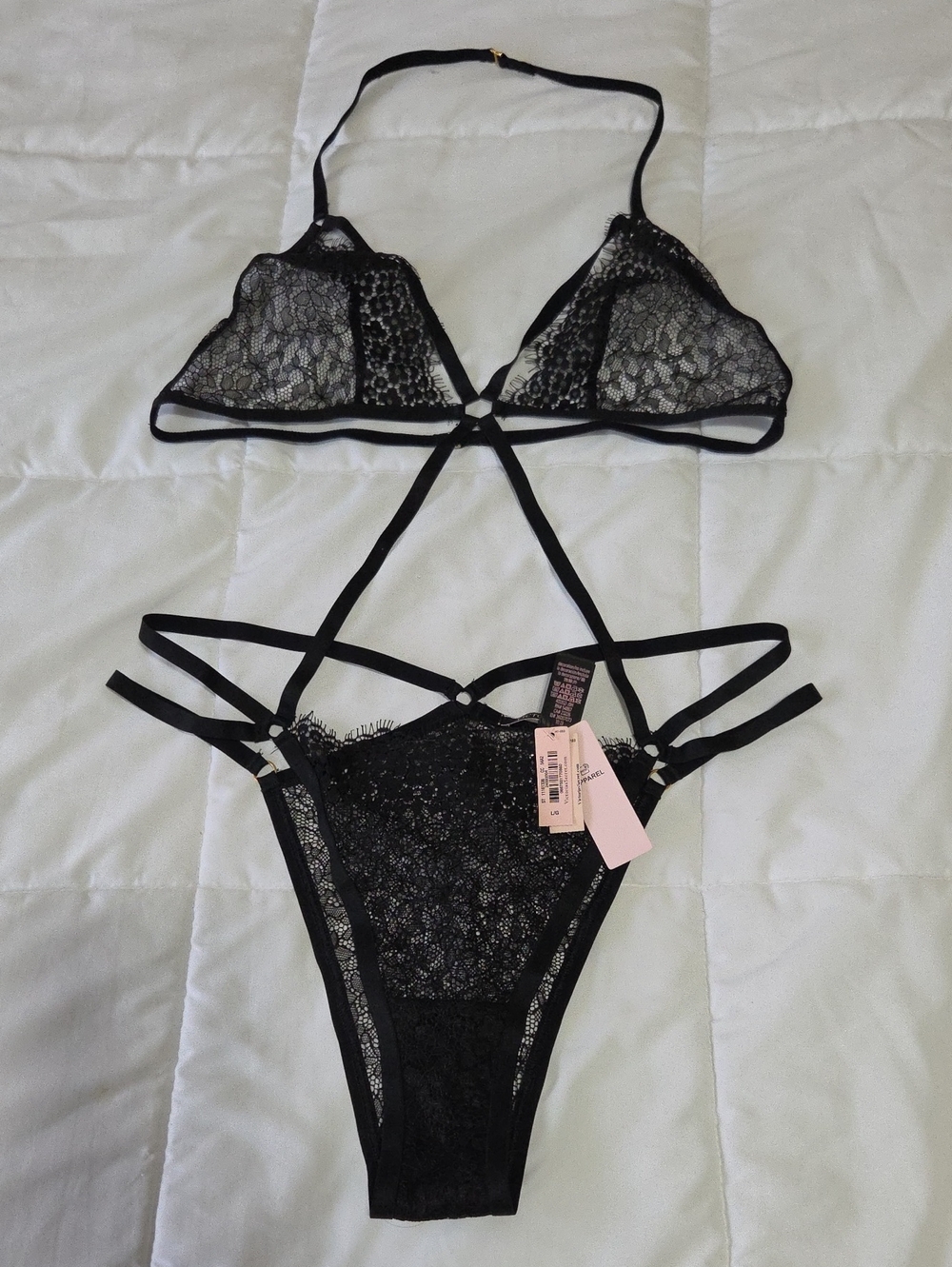 Victoria's Secret Bodysuit Lingerie Lace Black Strappy